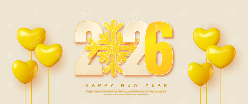 سال نو ۲۰۲۶ مبارک با اعداد واقع‌گرایانه سه‌بعدی و تزیینات برف‌دانه‌های زرد و بادکنک‌های قلبی شکل. این نماد مناسب برای پوسترها، بنرها، کارت‌های تبریک و طراحی‌های مختلف است.