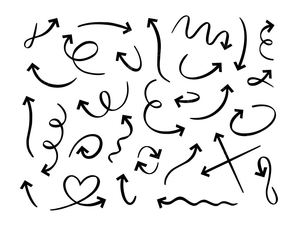 فلش‌های سیاه طراحی دستی. پیکان‌های خط‌خطی و منحنی، خطوط اشاره‌گر اسکچ و مجموعه طرح‌های دودل. علائم مسیریابی گرد و پیچ‌خورده. سرپیکان‌های جهت‌نما و بسته آیکون‌های خطی نشانگر حرکت در پس‌زمینه سفید.