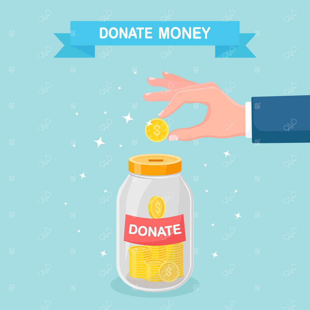 قرار دادن سکه در قلک شیشه‌ای. مفهوم اهدای پول، خیریه و داوطلبی. جعبه اهدایی در پس‌زمینه‌ای جدا شده