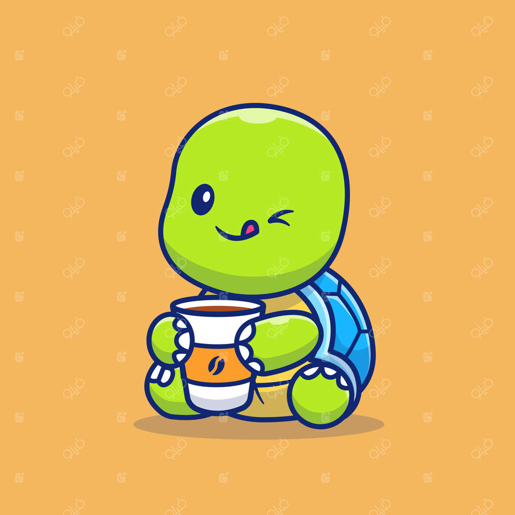 تصویر کارتونی لاک‌پشت بانمک با فنجان قهوه. مفهوم آیکون حیوانات و قهوه به سبک کارتونی.