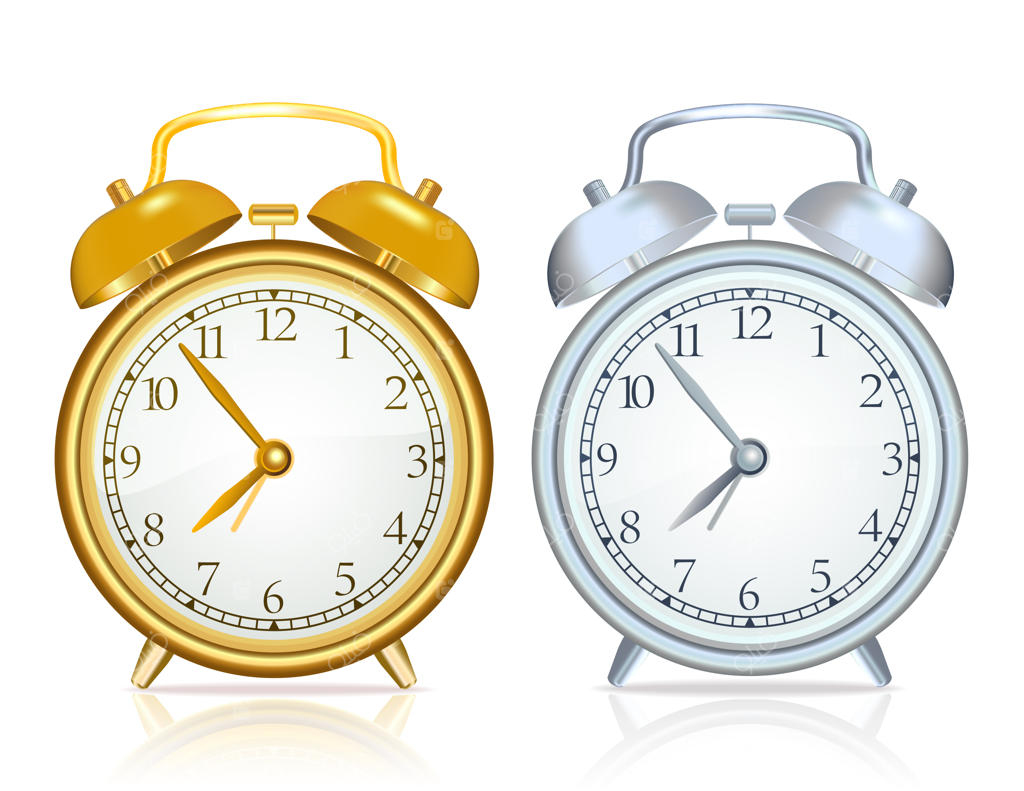 ساعت زنگ‌دار طلایی و ساعت زنگ‌دار نقره‌ای روی زمینه سفید