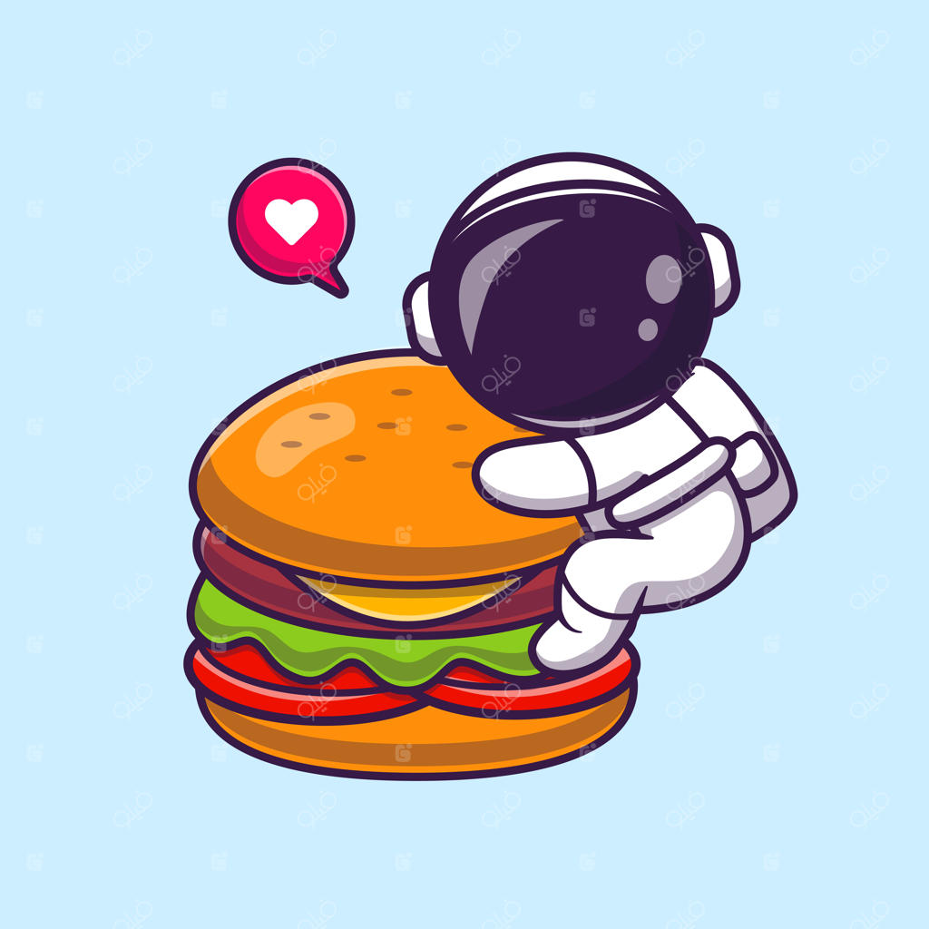 تصویر کارتونی بامزه‌ای از یک فضانورد در حال خوردن همبرگر. آیکون علمی مواد غذایی. وکتور با کیفیت به سبک کارتونی.