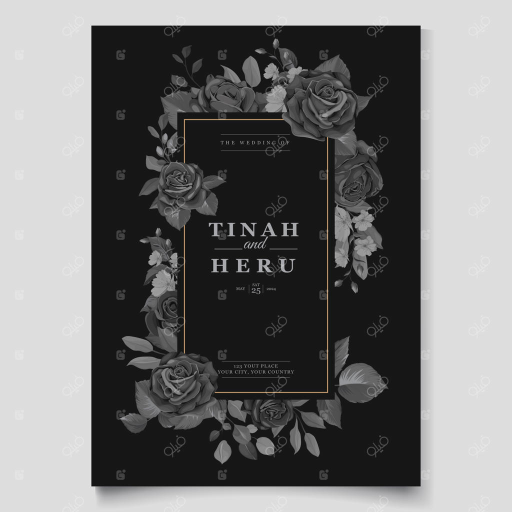 کارت دعوت عروسی زیبا با حلقه گل مشکی