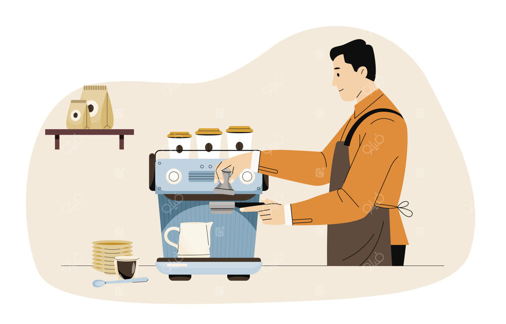 باریستا در حال درست کردن قهوه با دستگاه اسپرسو و فنجان‌ها و کیسه‌های قهوه بر روی قفسه. آماده‌سازی قهوه. سبک زندگی نوشیدنی‌ها. تصویرسازی به سبک کارتونی