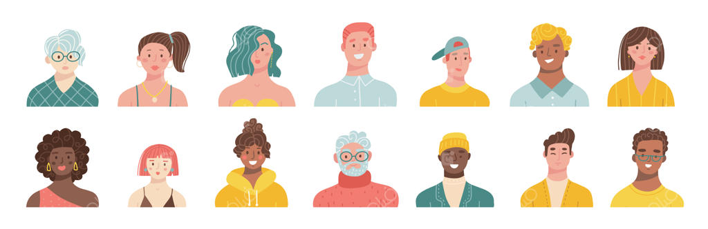 مجموعه وکتور پرتره و آواتار زنان و مردان در سنین و نژادهای مختلف با طراحی دستی و فلت