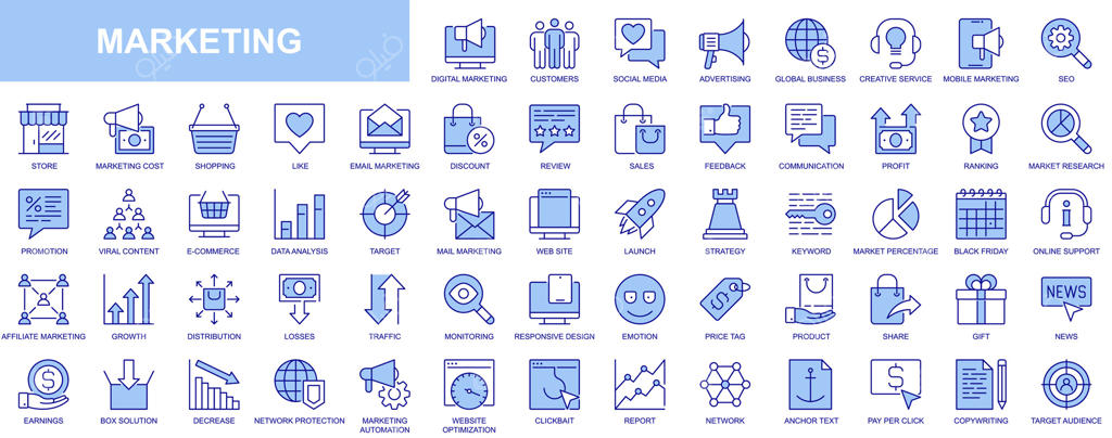 مجموعه آیکون‌های بازاریابی وب با طراحی خطی آبی؛ شامل شبکه‌های اجتماعی، تبلیغات، تجارت جهانی، سئو، محتوای وایرال، خرید آنلاین، نقد و بررسی، فروش و بازخورد. پیکتوگرام‌های وکتور دورخط.