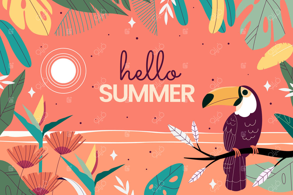 پس‌زمینه تخت تابستانی و استوایی با طرح برگ و توکان