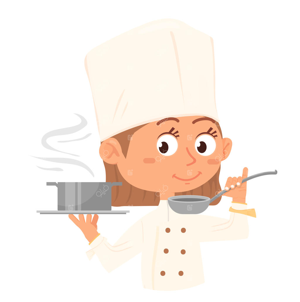 آشپز دختر و کودک در حال پخت سوپ خوشمزه در محیط سفید