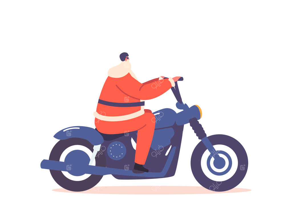 بابانوئل سوار بر دوچرخه، شخصیت موتورسوار در لباس قرمز جشن، عجله برای شب کریسمس روی پس‌زمینه سفید
