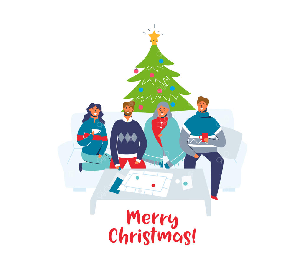 دوستان خوشحال در حال جشن کریسمس در خانه. شخصیت‌ها در تعطیلات زمستانی با درخت کریسمس. دو زوج در سال نو.