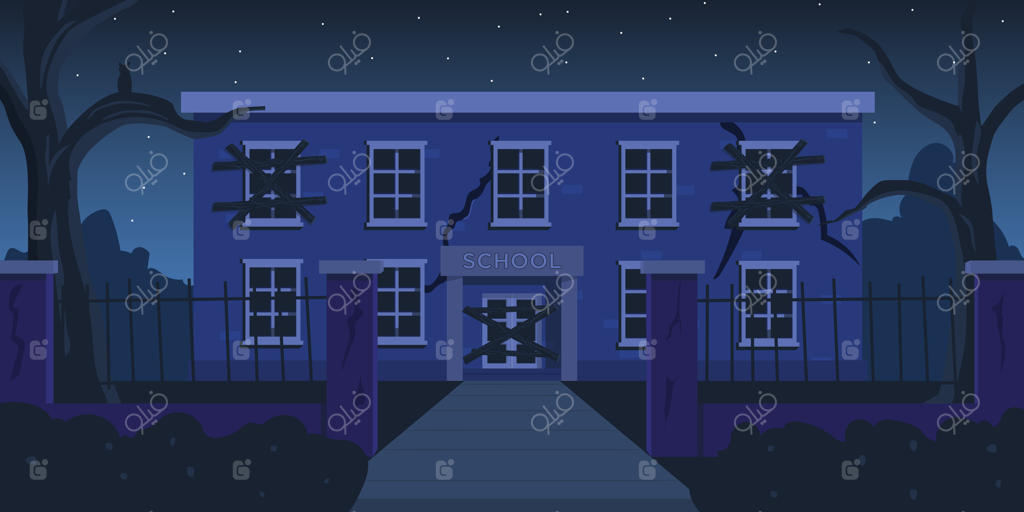 ساختمان مدرسه متروکه در شب تاریک