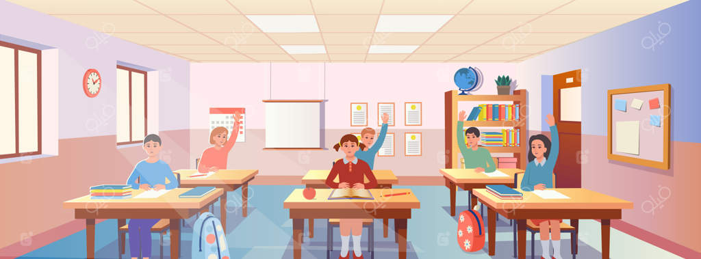 فضای داخلی کلاس کارتونی با نمایی از میزهای مدرسه، کتابخانه، در و پنجره.