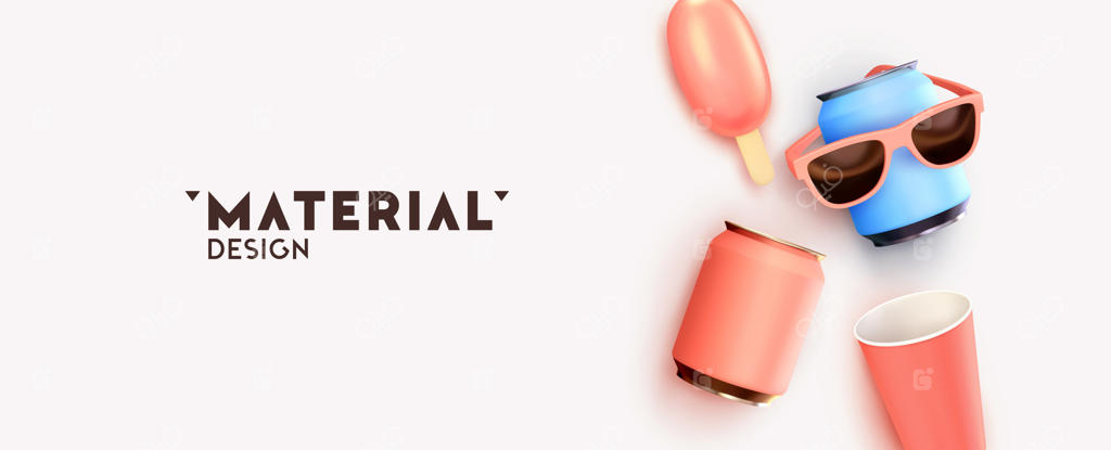 زمینه‌ای برای تبلیغات برند نوشیدنی‌های تابستانی - اشیاء سه‌بعدی واقعی، قوطی فلزی، لیوان کاغذی، بستنی، عینک آفتابی. قالب بنر، پوستر، و سربرگ برای وب‌سایت. وکتور ایلوستریشن