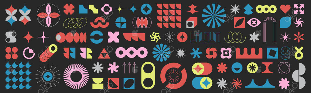 مجموعه اشکال هندسی رنگارنگ بروتالیست. فیگورهای مینیمالیستی ترندی، گل، دایره، ستاره و فرم‌های انتزاعی باوهاوس. المان‌های فرم پایه ساده و رترو فوتوریستیک، نمادهای معاصر و آیکون‌های درخشش