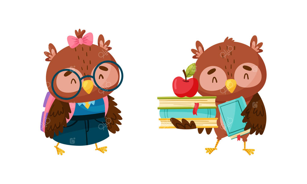 مجموعه‌ای از جغدهای بامزه و باهوش: جوجه ‌جغدهای دوست‌داشتنی با کوله‌پشتی و دسته‌ای از کتاب‌ها به‌صورت کارتون‌ی ترسیم‌شده