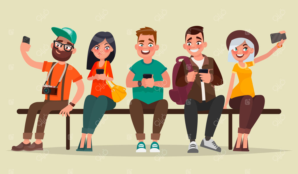 مردم و گجت‌ها؛ گروهی از دانشجویان نشسته روی نیمکت و سرگرم کار با موبایل