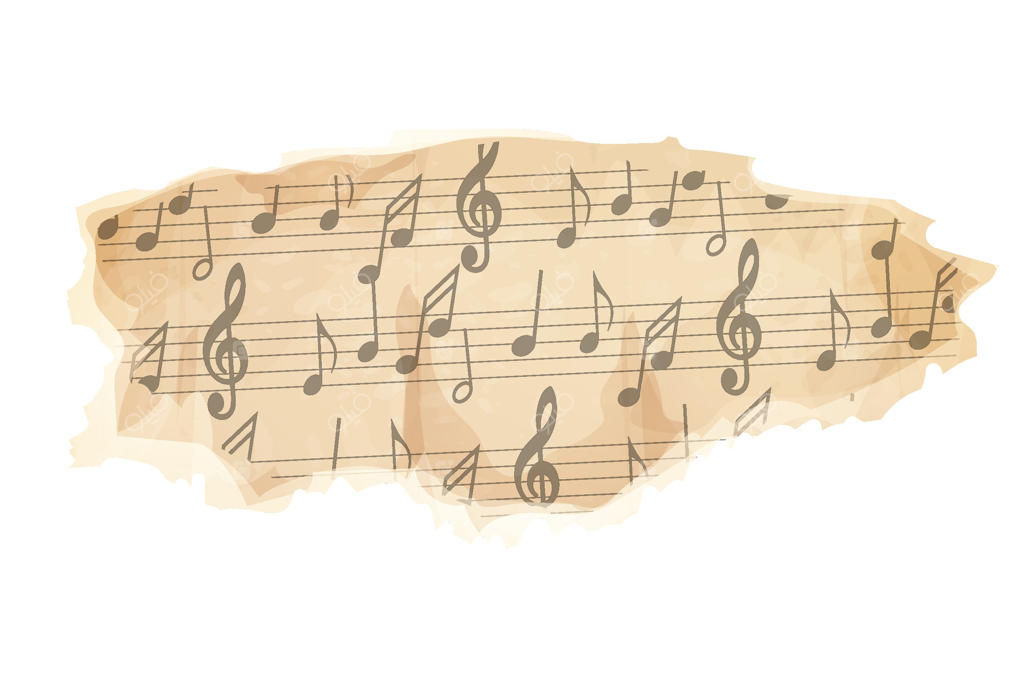 تکه کاغذ کاهی با ملودی قدیمی، برگه ترانه‌های گلچین شده روی زمینه سفید، عنصر طراحی، قاب.