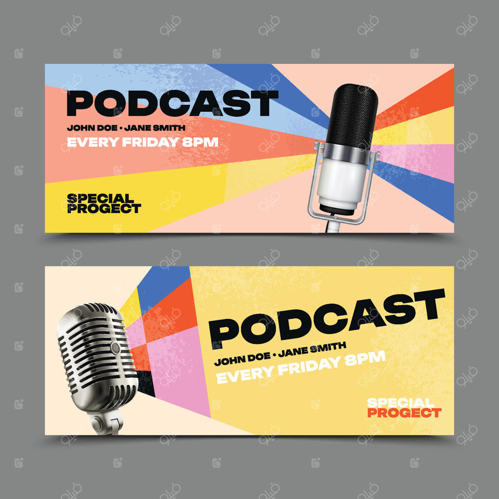 مجموعه بنرهای پادکست واقع‌گرایانه با میکروفون‌ها