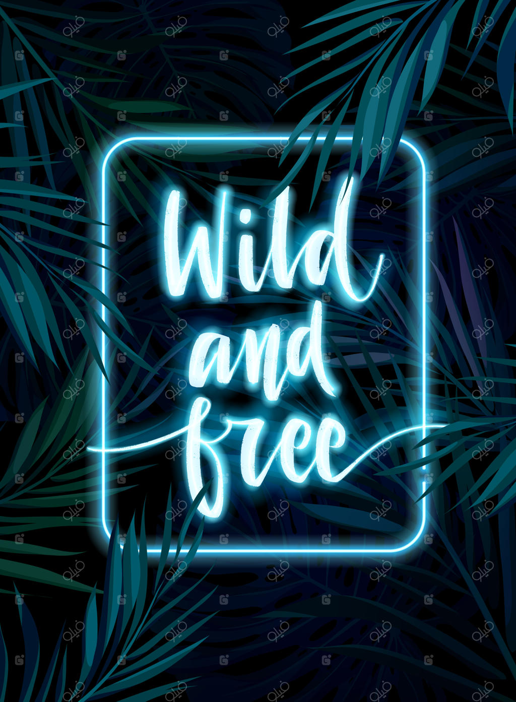 قاب نئون درخشان گرمسیری؛ برگ‌های نخل جنگل در شب تاریک با نقل قولی از دنیای جوانی