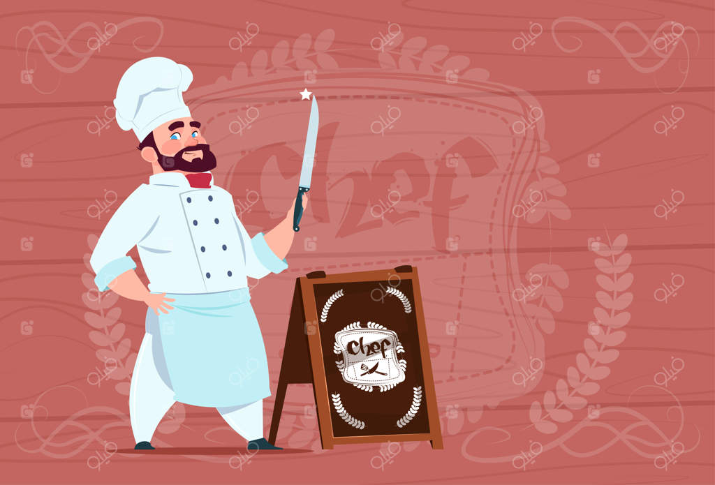 شخصیت کارتونی آشپز خندان با چاقو در دست و یونیفرم سفید رستوران بر روی پس‌زمینه چوبی