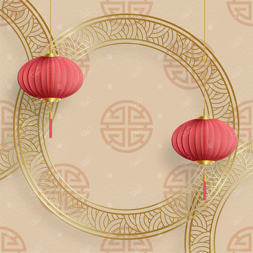 قاب چینی با عناصر شرقی در پس‌زمینه رنگی، مناسب برای کارت دعوت عروسی، سال نو مبارک، تولد، روز ولنتاین، کارت‌های تبریک، پوستر یا بنر وب