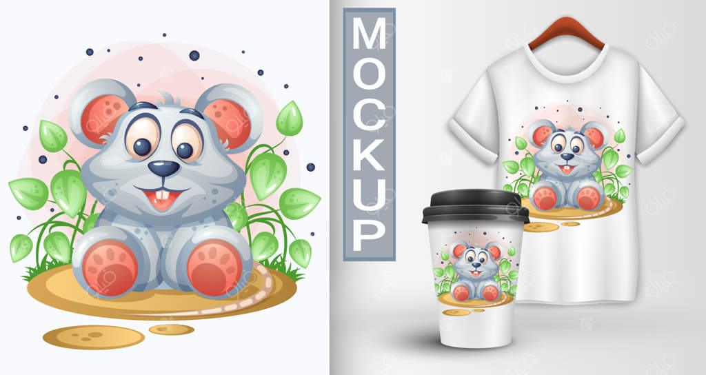 موش کارتونی در حال نشستن روی چمن است.