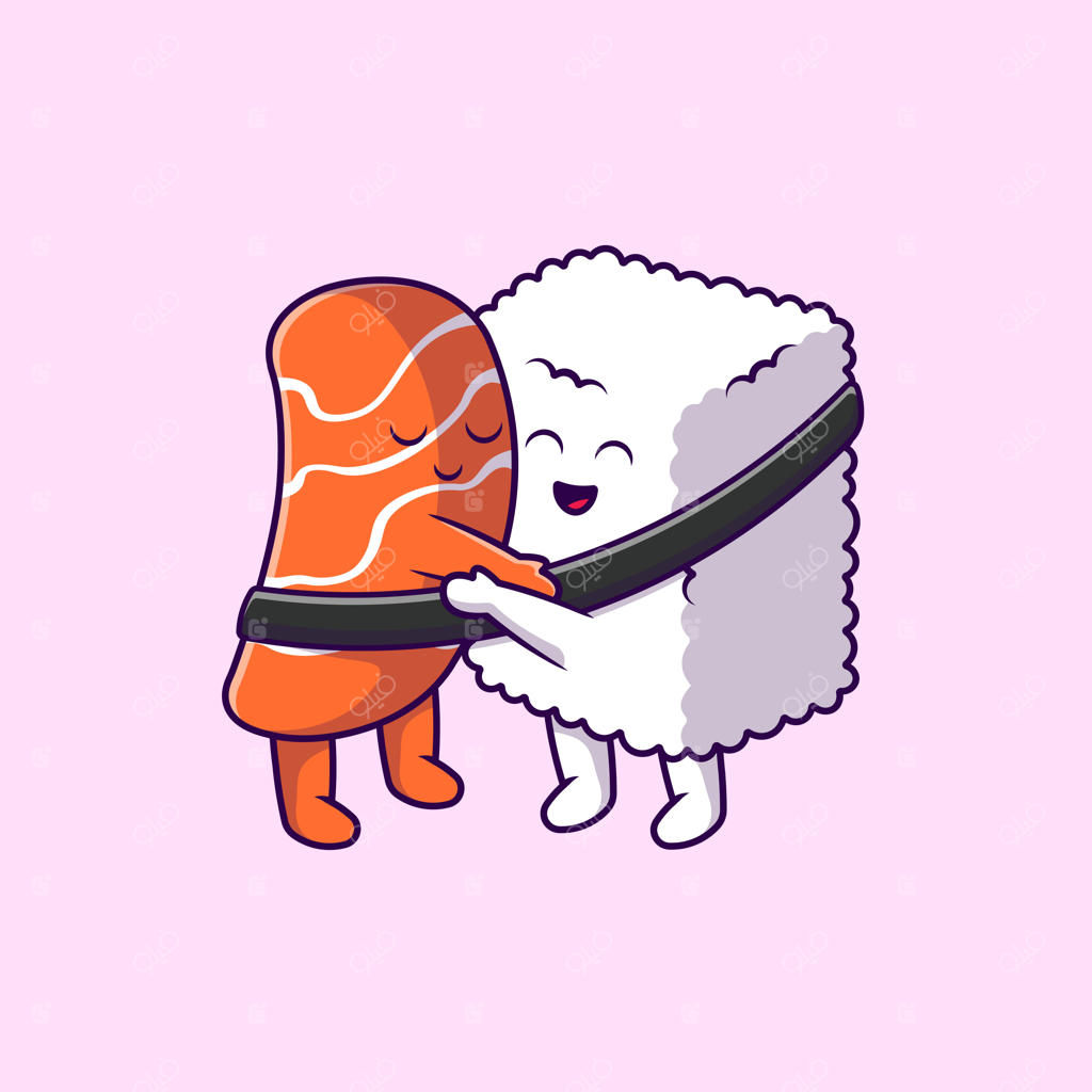 تصویر کارتونی آیکن‌های بغل کردن زوج ماهی سالمون سوشی بامزه