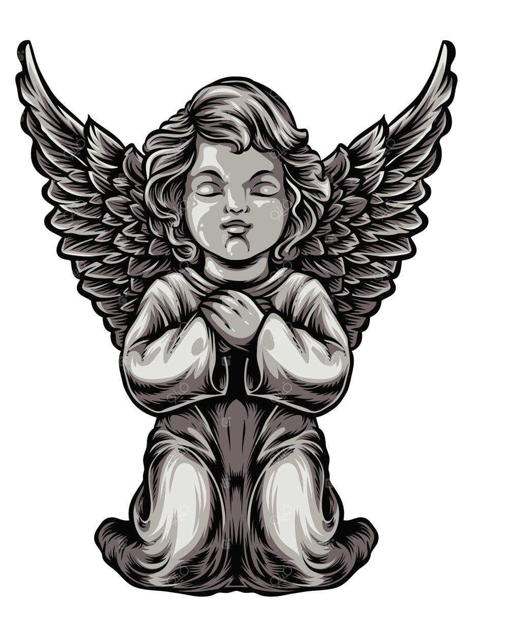 طراحی سیاه و سفید از یک فرشته که کلمه «Angel» روی آن نوشته شده است.