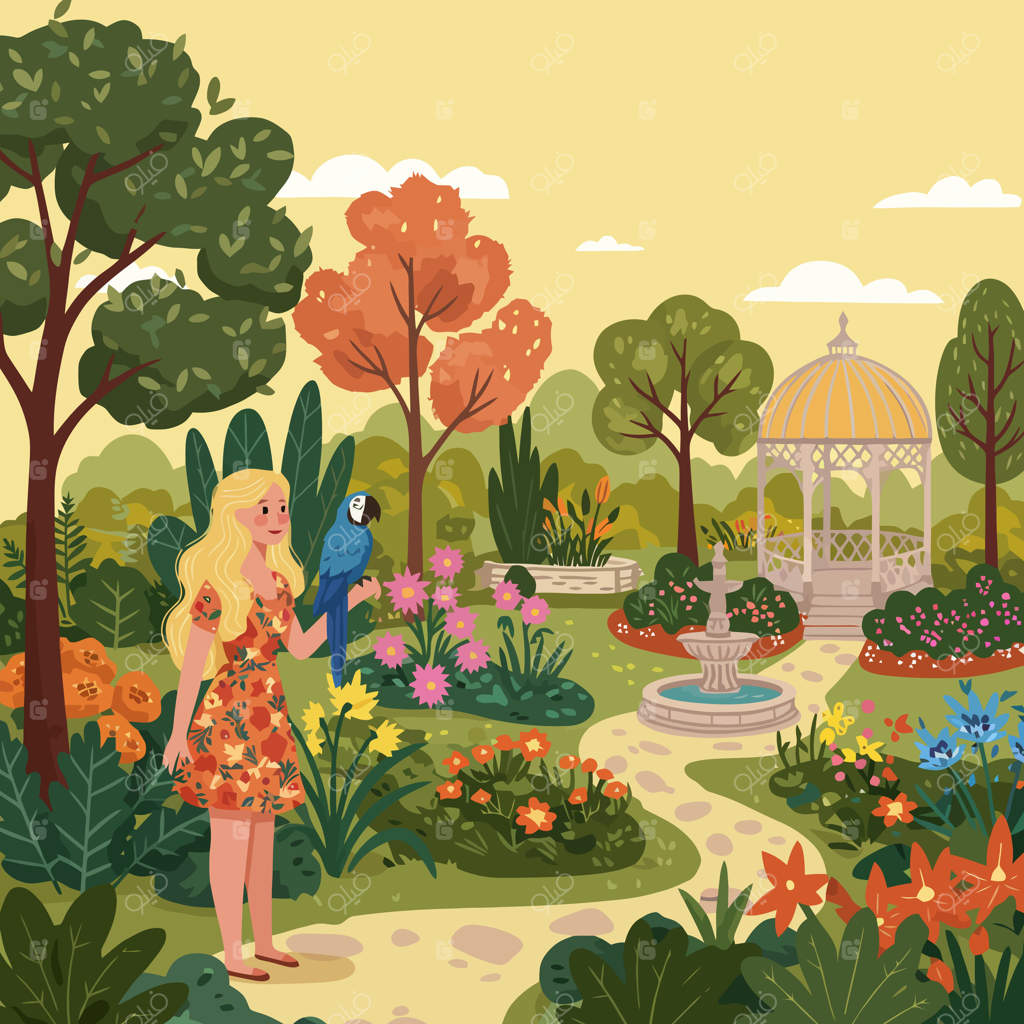 زنی با طوطی ماکائو در باغ سرسبز با آلاچیق و فواره