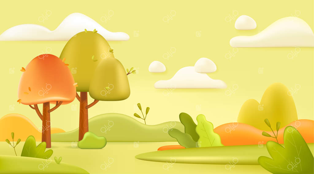 تصویر سه‌بعدی از منظره جنگل: پس‌زمینه چمنزار تابستانی با درختان و گیاهان سبز به سبک کارتونی. مفهوم طبیعت و فصل تابستان