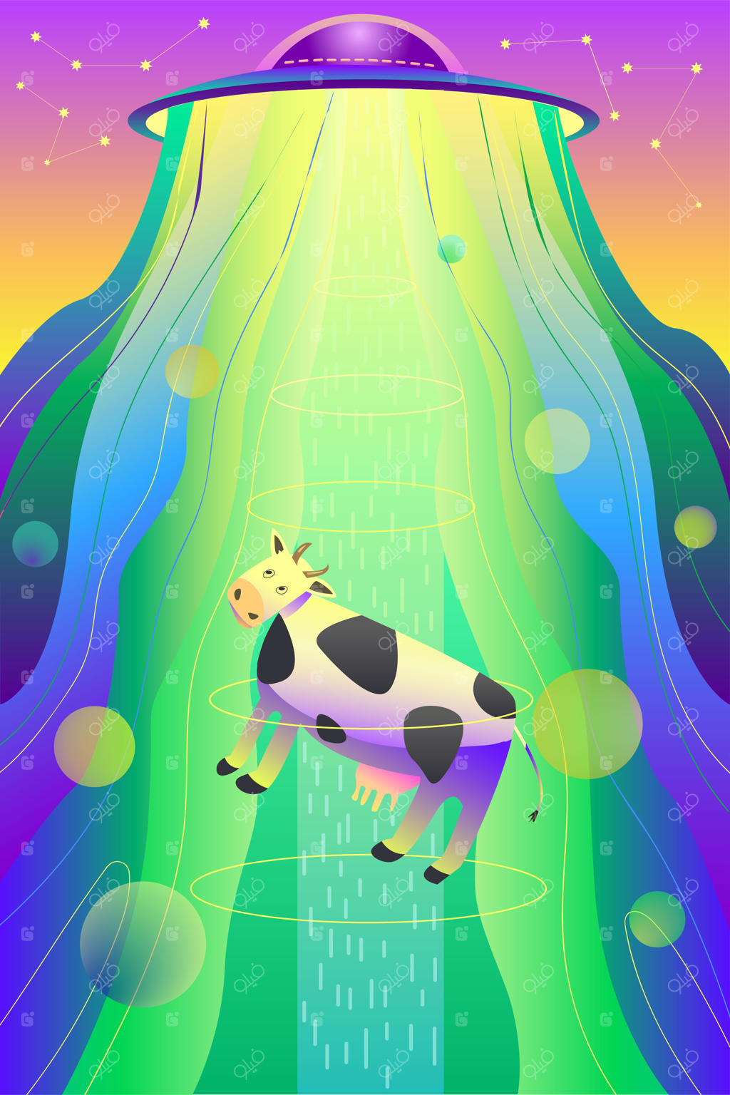 گرافیک برداری: بشقاب پرنده ناشناس گاوی را می‌رباید - یوفو و بیگانگان فضایی