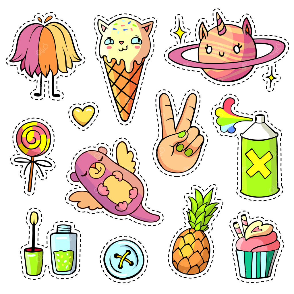 مجموعه برچسب‌های جذاب به سبک پاپ آرت با طراحی‌های خنده‌دار از جمله اسب تک‌شاخ، سیاره، بستنی، گربه و غیره