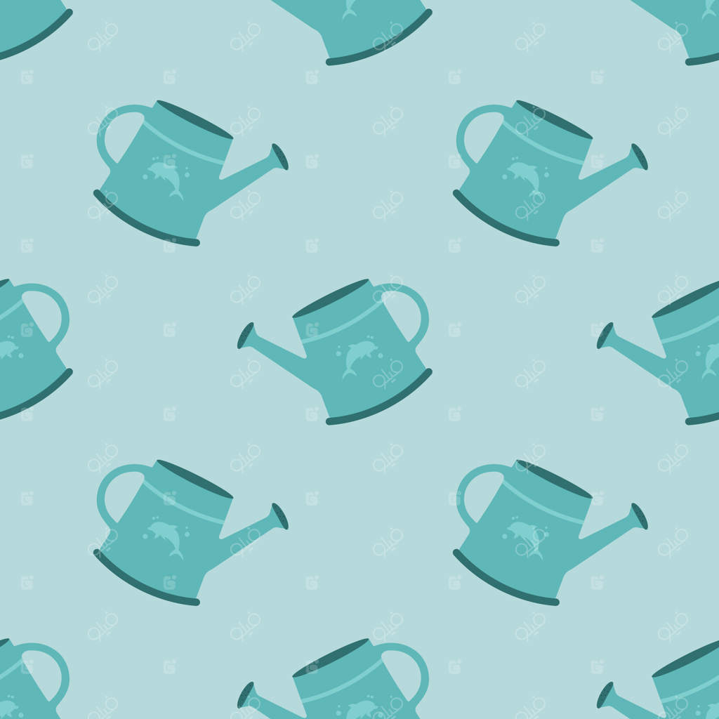 پترن یکپارچه با آب‌پاش آبی. بافت بهاری با ابزارهای باغبانی.