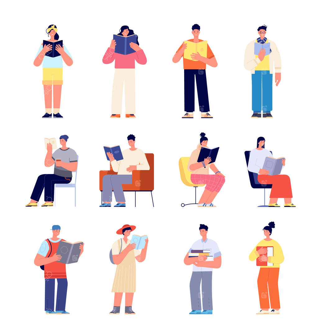 دانش‌آموزان با کتاب‌ها: نوجوانان مشغول مطالعه، لبخند با کتاب‌های درسی، کتابخانه، تصویرسازی وکتور