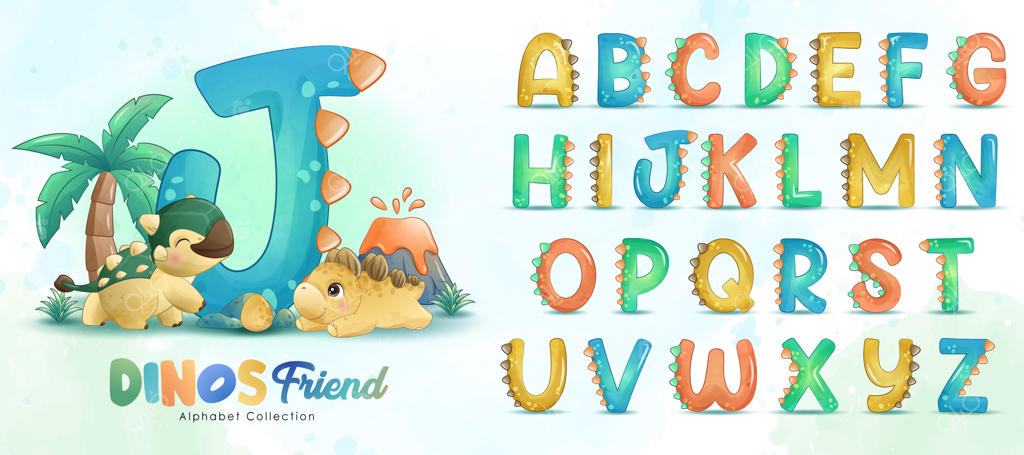 دوستان دایناسور کوچولوی بامزه با حروف الفبای نقاشی آبرنگی
