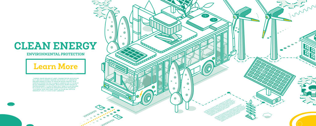 طرح خطی ایزومتریک اتوبوس برقی و ایستگاه شارژ با پس‌زمینه پنل‌های خورشیدی و توربین‌های بادی