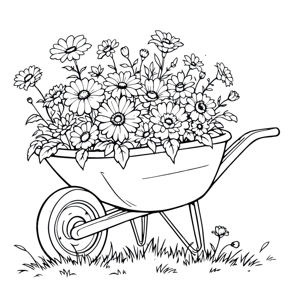 صفحه رنگ‌آمیزی هنر خطی ساده با طرح فرغون پر از گل‌های داوودی