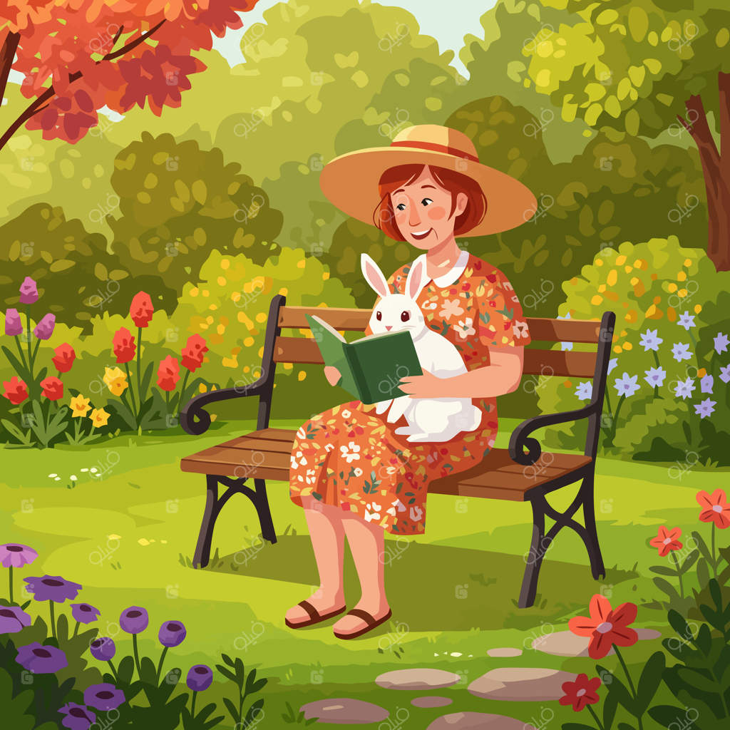 زنی در باغ رنگارنگ روی نیمکت با خرگوش کتاب می‌خواند