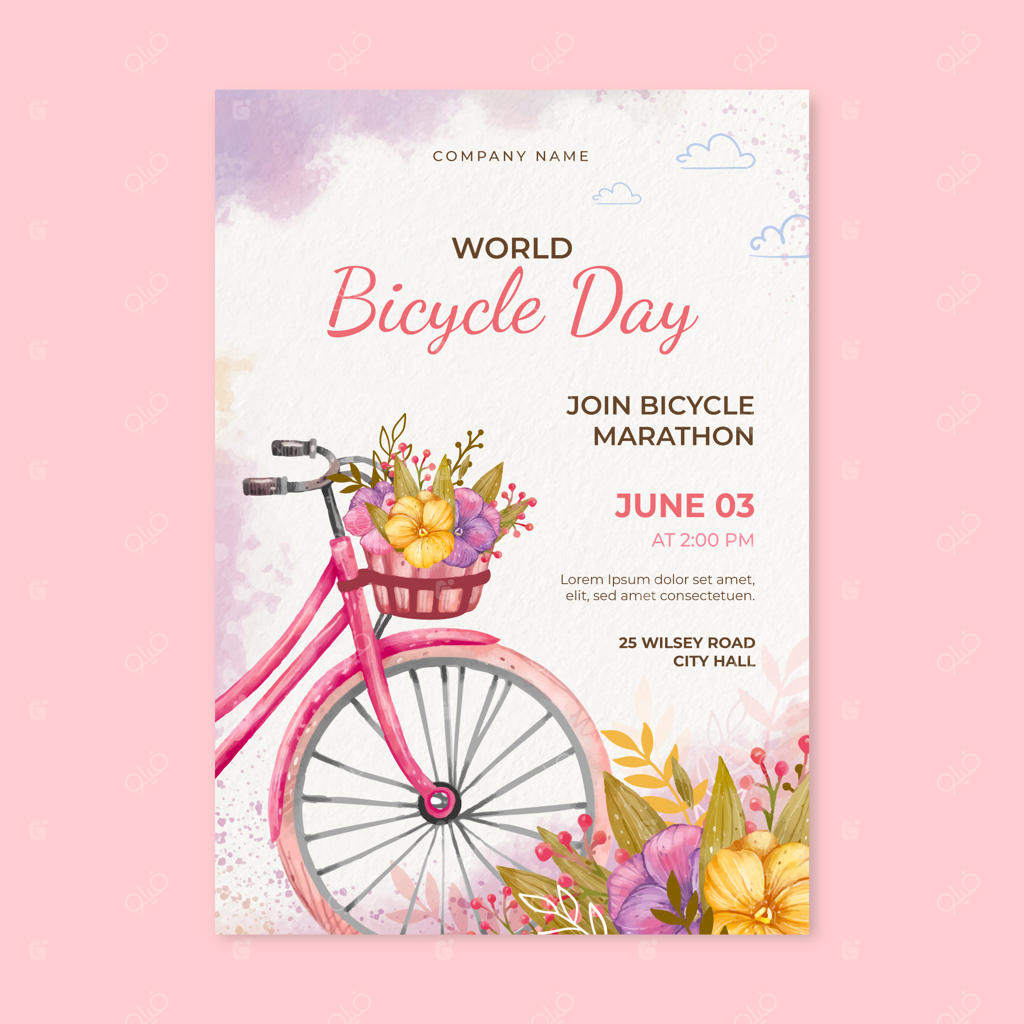 پترن پوستر روز جهانی دوچرخه‌سواری با طرح آبرنگی