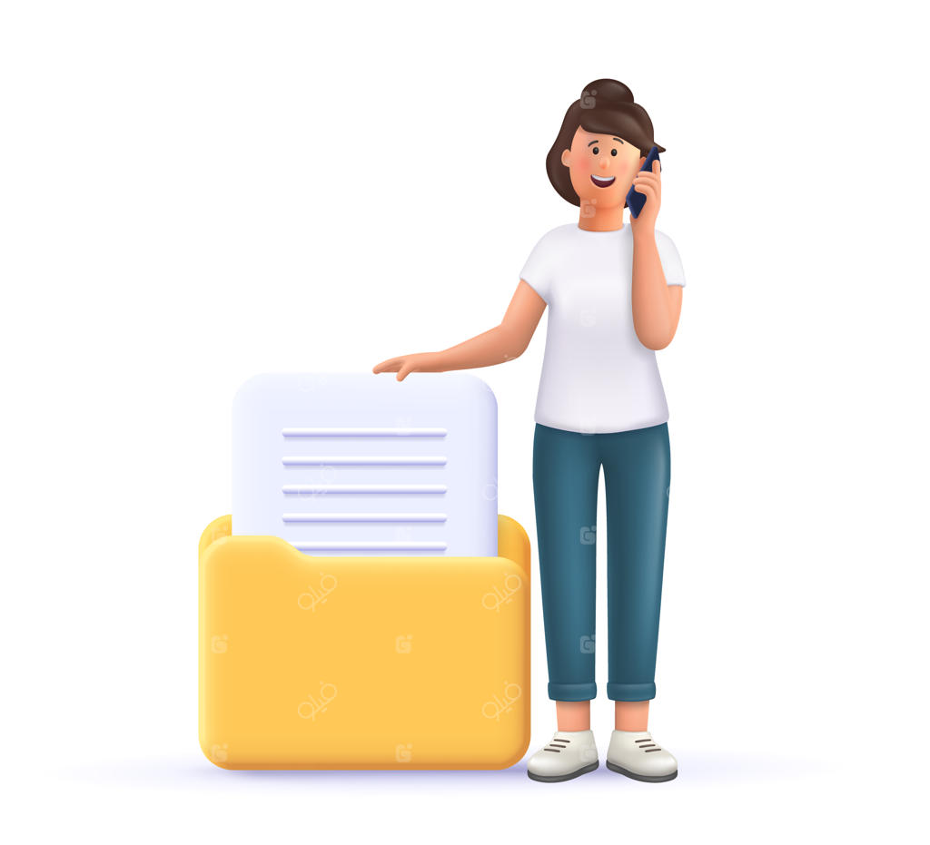 زن جوان، جین، نزدیک به پوشه و در حال صحبت با تلفن هوشمند - تصویر شخصیت سه‌بعدی وکتور مردم