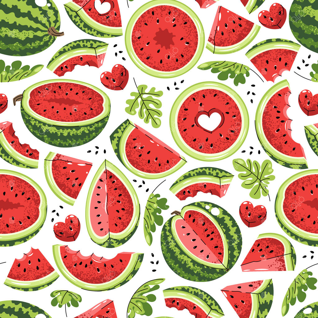 پترن یکپارچه با طراحی هندوانه: تصویر برش‌های آبدار میوه مناسب برای چاپ پارچه، کاغذ دیواری، کاغذ کادو و پس‌زمینه وب