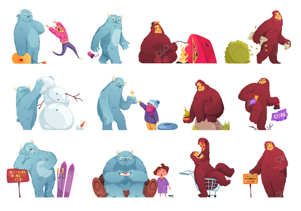 مجموعه کاراکترهای کارتونی بامزه پاگنده و کودکان در حال ارتباط با یتی - تصویرسازی وکتور مجزا