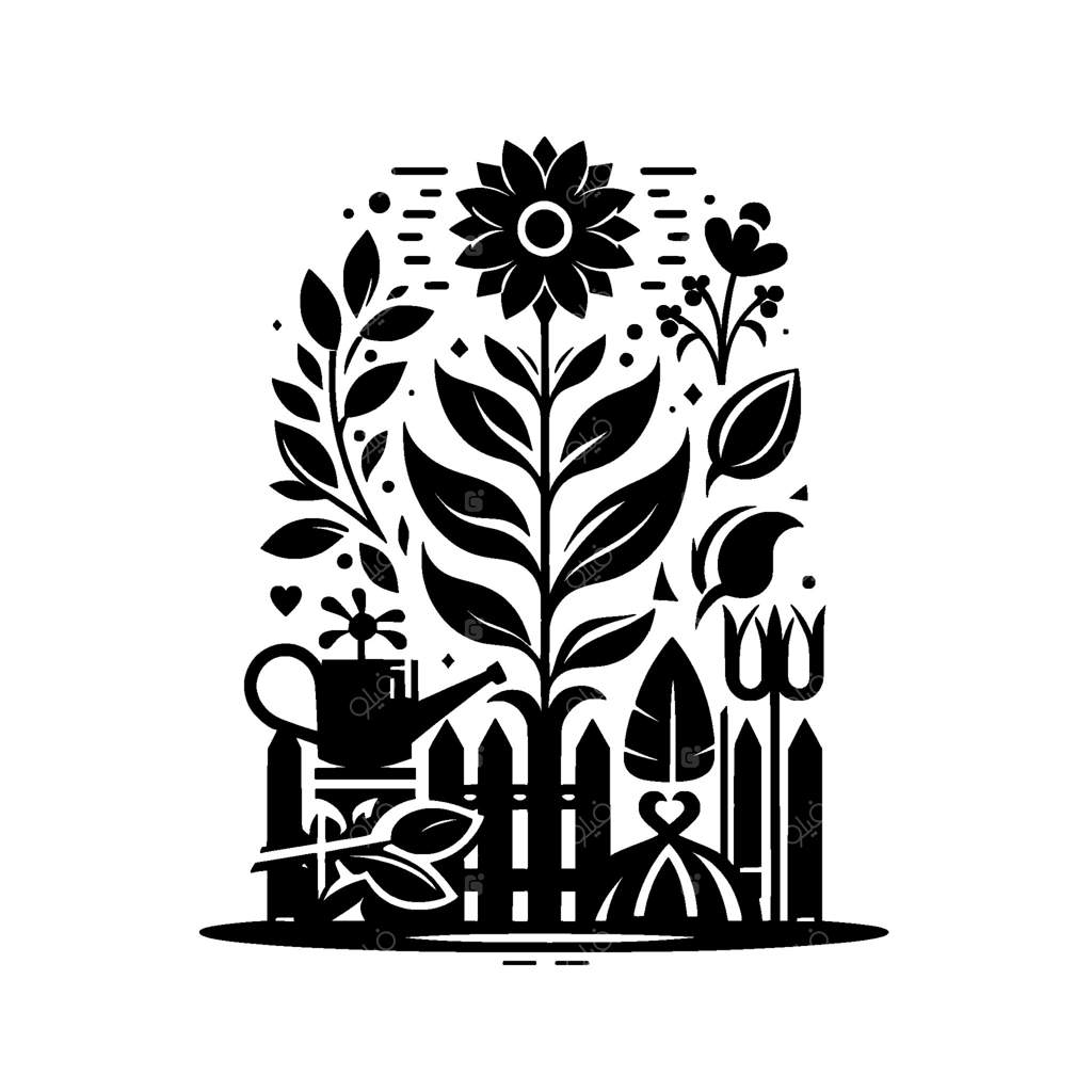 تصویر سیاه و سفیدی از یک باغ استایل‌دار با گل‌های آفتابگردان، برگ‌ها، نرده و ابزار باغبانی در یک ترکیب متقارن.