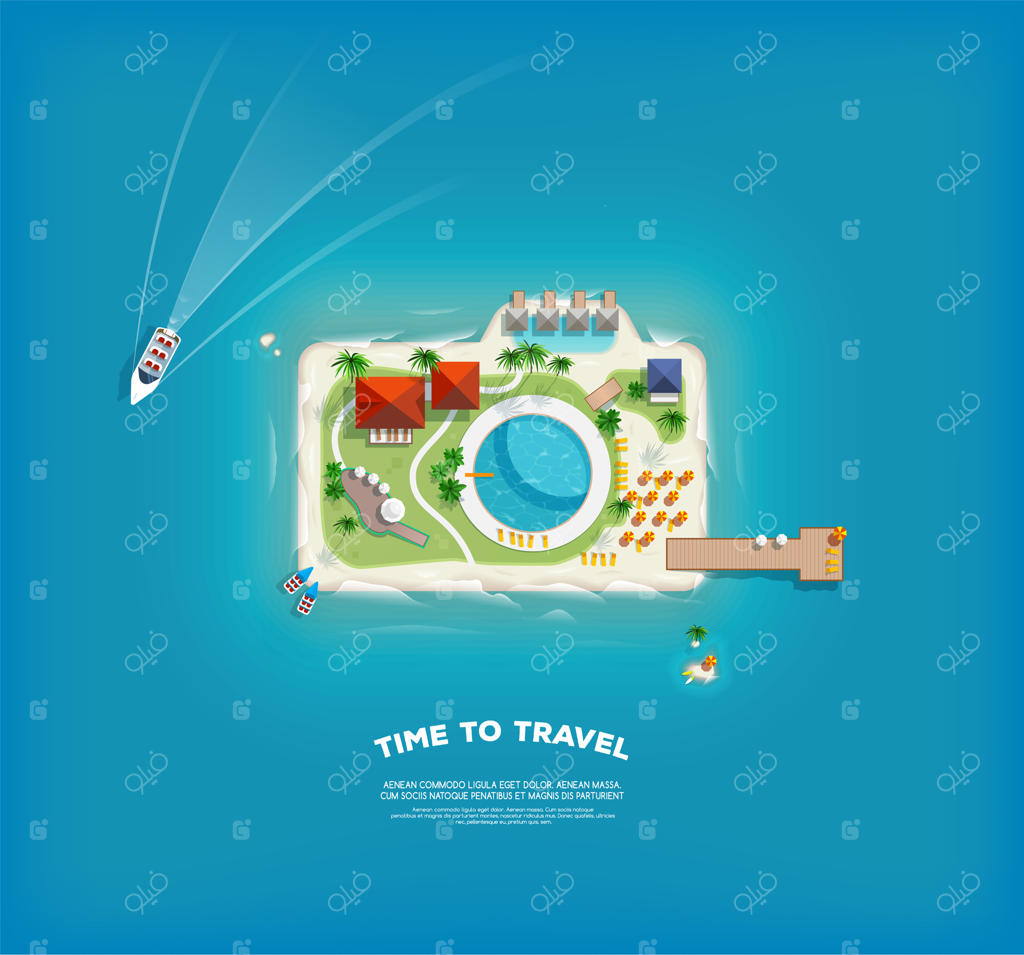 پوستر خلاقانه با جزیره‌ای به شکل دوربین: بنر تعطیلات. نمای بالا از جزیره. سفر و گردشگری.