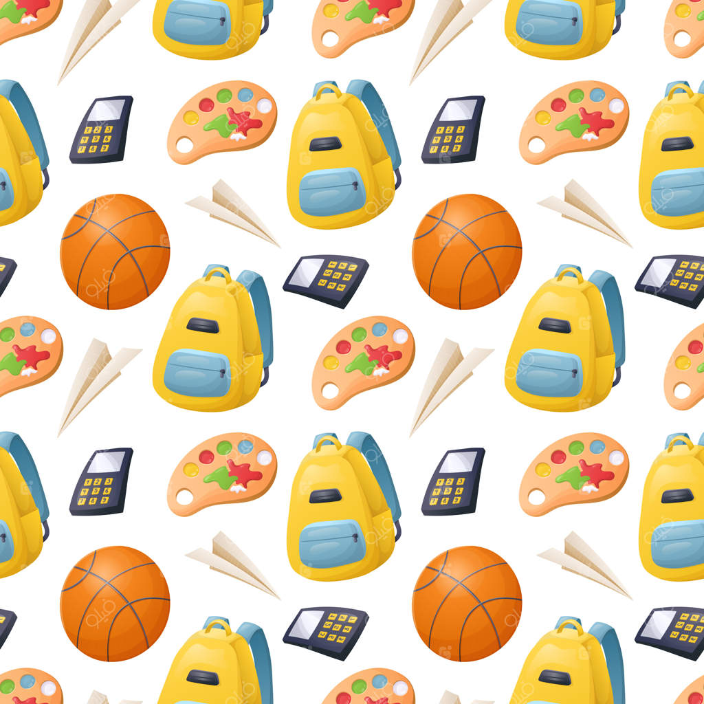 پترن یکپارچه کارتونی با لوازم مدرسه کودکان، کوله‌پشتی و توپ بسکتبال.