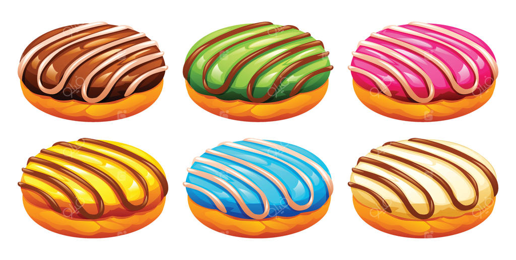 انواع دونات‌های شیرین با روکش توت فرنگی رنگارنگ، چای ماتچا، موز، وانیل و بلوبری و طرح‌های راه‌راه. تصویر کارتونی