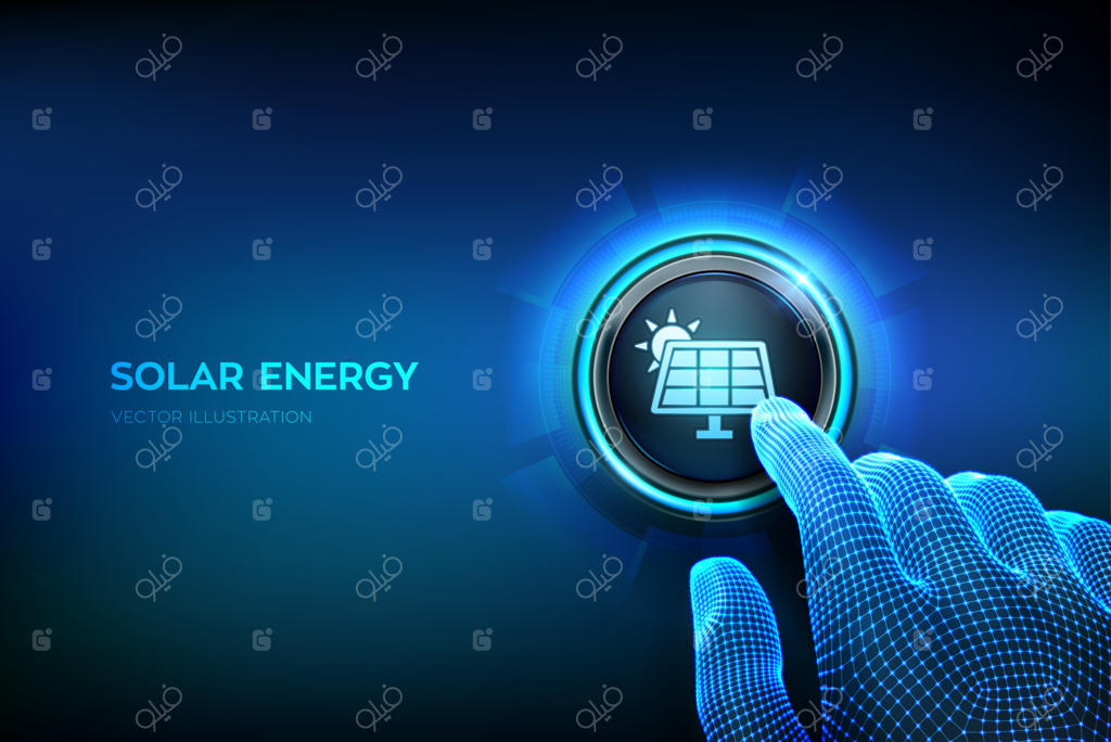 انرژی خورشیدی: نماد نیروگاه تولید برق با پنل‌های فتوولتائیک. مفهوم تولید انرژی تجدیدپذیر و پایدار. نمای نزدیک دست در حال فشردن دکمه. تصویر برداری.