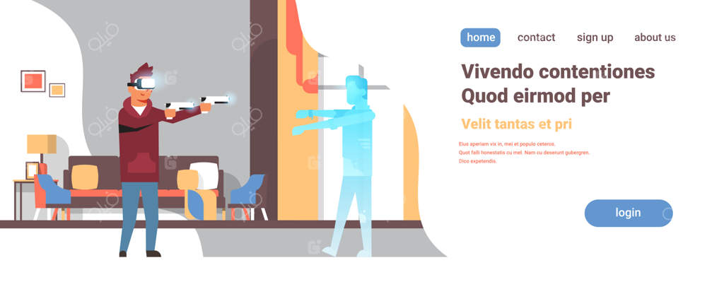 مردی با عینک دیجیتالی در حال تیراندازی به زامبی‌ها در واقعیت مجازی؛ ایده نوآورانه هدست وی‌آر در بازی‌های ویدئویی؛ نمای داخلی اتاق نشیمن افقی