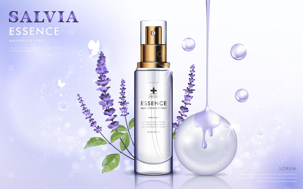 شیشه اسانس و گل مریم‌گلی بنفش با روغن در حال چکیدن