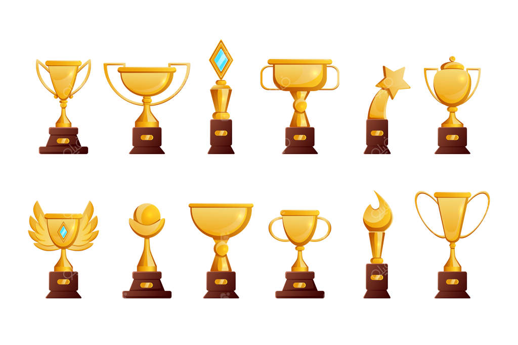 مجموعه‌ای از جام‌های طلایی برای برندگان و قهرمانان. تصاویر وکتور از تندیس‌های طلایی قهرمانان. جایزه کارتونی مسابقات ورزشی، جایزه بهترین فیلم، جام لوکس. مفهوم پیروزی و افتخار